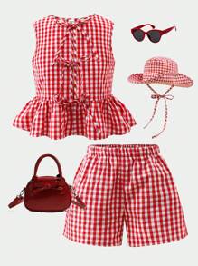 SHEIN Leap Crew Tween Girls Casual Plaid Ruffle Bowknot Cami And Shorts 2 Pieces Set - Red - View 8
