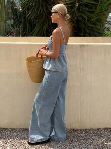 Livesso 2件套女士夏季束腰吊带背心和长裤休闲牛仔套装