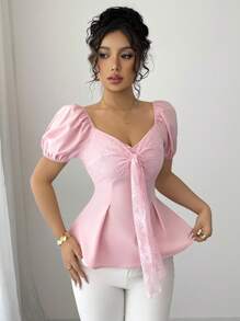 Elenzga 女士新款夏季蕾丝蝴蝶结拼布短袖衬衫（随机印花） - 粉色 - 查看 5