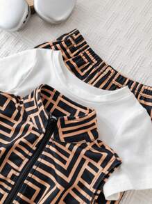 SHEIN 3pcs/Set Baby Boy Summer Cute Cartoon Bear Print Short Sleeve T-Shirt, Shorts, Vest 3-Piece Outfits
