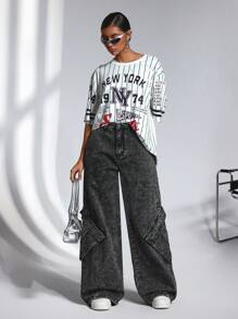 SHEIN ICON Jeans vaqueros casuales y anchos de mujer con bolsillos tipo utility