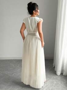 SHEIN Unity Plus Size Elegant Vacation Solid Color Ruched Button Cap Sleeve Spring/Summer Dress - Apricot - View 2
