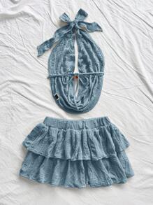 Soleia 2 件女士 V 领镂空露背吊带背心和迷你裙套装，针织质地，适合节日、约会、下午茶、度假、音乐节、波西米亚风格 - 藍色 - 查看 2