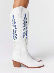ROMWE Fairycore Women's Hollow Out Floral Embroidery White Western Boots, Leather Upper Mid-Calf Boots, Spring & Autumn New Style