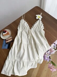 Comfortcana Váy hở lưng ren dệt màu mơ - Màu be - Xem 7