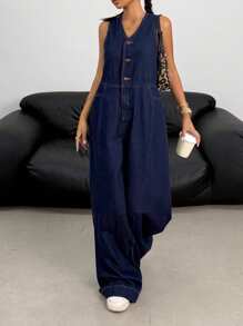 SHEIN Pantalones vaqueros anchos con lavado desteñido y cuello en V oversize para adolescentes, peto vaquero con bolsillos sesgados, pantalones cortos con estilo bohemio para verano y playa, conjuntos casuales para conciertos y festivales, conjuntos para usar en verano, brunch, iglesia, graduación y vuelta al colegio