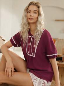 Lullawish Conjunto de pantalones de pijama holgados con estampado bohemio y color contrastante para mujer