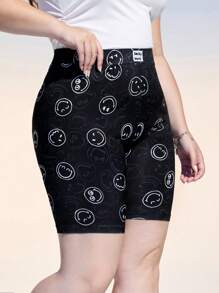 SmileyWorld® | SHEIN Plus Size Patched Smiling Face Pattern Cycling Shorts Summer / Summer Outfits For Women/ Summer Clothes Summer Pants Black Leggings Rave Outfits Festival/ Rave/Festival/ Rave Outfits/ Festival Outfits For Women/ Country Concert Outfit/ Festival Outfits/ Concert/ C Concert Outfit Women/ Concert Outfits For Women/Rave Outfit/Rave Top
