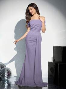 Coutiva Đầm dạ hội trang trọng hở vai tay ngắn đính đá lấp lánh màu hồng cánh sen dành cho nữ - Màu tím hoa cà - Xem 7