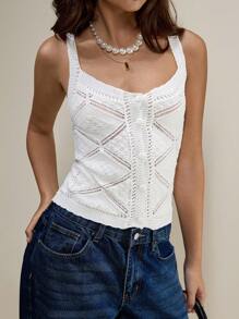 SHEIN Unity Camiseta de punto informal de mujer de un solo pecho con diseño hueco de unicolor - Blanco - Ver 4