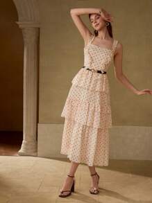 MOTF PREMIUM POLKA DOT PRINT RUFFLE TRIM SPAGHETTI STRAP MID-LENGTH DRESS - Champagne - View 1