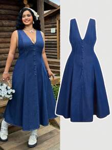 SHEIN MOD Plus Size Sleeveless Fitted Blue Denim Midi Dress,Mother Day Dress Ibiza Outfits  Going Out Dress Open Back Dress Mother's Day Dress Old Money Outfits Tea Party Dress Club Outfits Graduation Outfit Business Casual Women Modest Dresses For Women Brunch Outfits For Women Women Clothing Summer Country Concert Outfit - Dark Wash - View 1