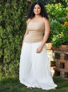 SHEIN EZwear Plus Size Black Pleated Slit Strapless Knit Stretch Top - Brown - View 5