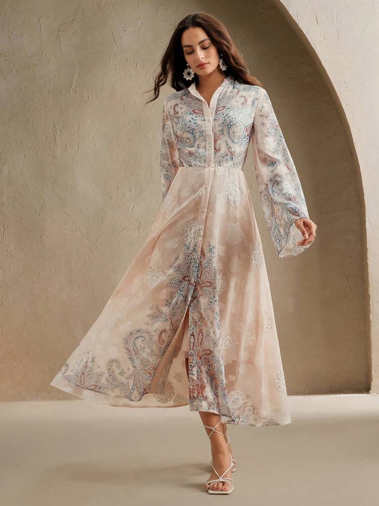 New Spring/Summer Floral Print Stand Collar Flare Sleeve Dress, Elegant Elegant