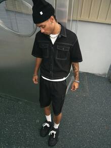 AXEPEAK 2 件套男士日常街头风 Polo 领宽松短袖衬衫和短裤套装