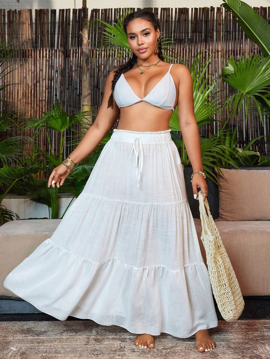 SHEIN Swim Curve Plus Size Women Solid Color Patchwork Multi-Layer Sexy Casual Vacation Beach Skirt Cover Up