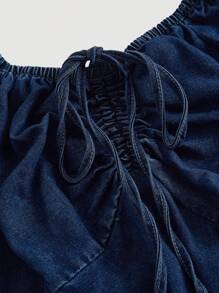 SHEIN MOD Plus Size Denim Dress Sweet Bubble Sleeve Loose Fit Blue Dress - Dark Wash - View 3