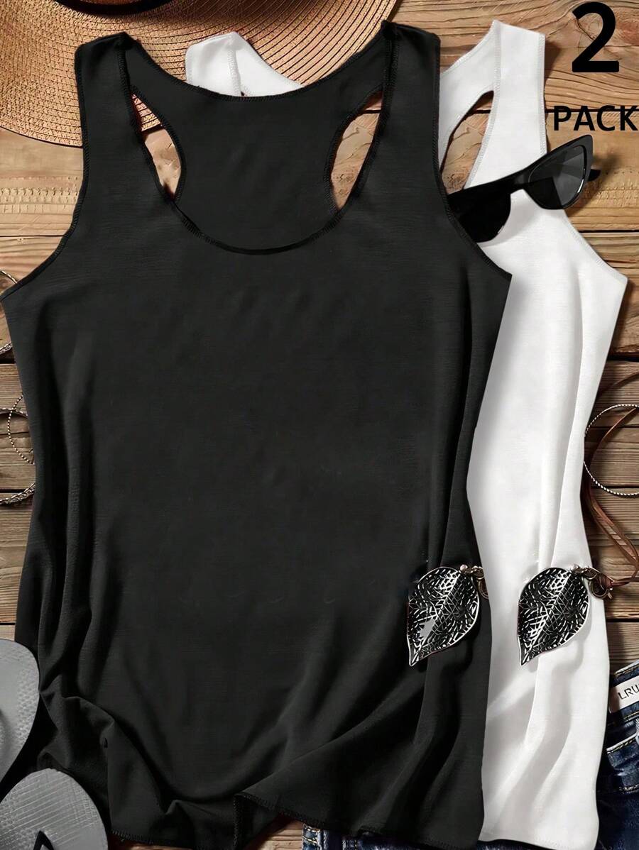 SHEIN LUNE 2pcs Women Casual Sleeveless Round Neck Tank Tops, Suitable For Spring & Summer Vacation - Multicolor - View 1