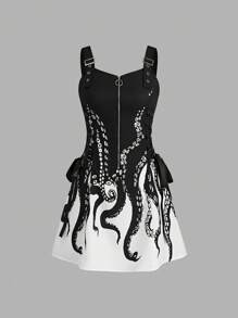 SHEIN Clasi Váy dây buộc bên hông in hình bạch tuộc tông màu tối thanh lịch, mùa hè - Đen và trắng - Xem 3