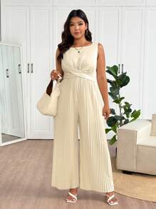 SHEIN Frenchy Plus Size Solid Color Simple Daily Square Neck Sleeveless Jumpsuit - Apricot - View 3