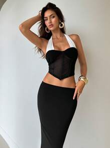Aloruh Women's Wedding Season Black And White Crop Halter Top And Low Waist Maxi Skirt Two Pieces Outfits For Daily Wear Prom Dresses For Women  Wedding Guest Outfit Women - Black and White - View 3