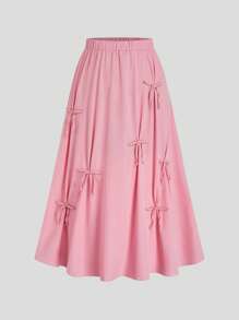 SHEIN MOOSTA 大码女式纯色可爱蝴蝶结装饰优雅夏季A字裙 - 粉色 - 查看 1