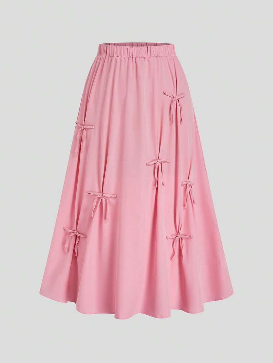 SHEIN MOOSTA 大码女式纯色可爱蝴蝶结装饰优雅夏季A字裙 - 粉色 - 查看 1