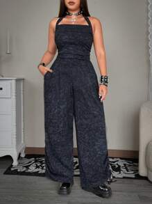 Flirla Mono holgado y cómodo con volantes y lazada para mujer de talla grande, atuendo casual para primavera/verano