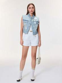 SHEIN BAE Women's Casual Denim Jacket And Coat, Minimalist And Fashionable, Suitable For Summer Rhinestone - Blue - View 4