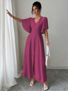 Elenzga 女式法式优雅休闲下午茶派对度假通勤纯色 V 领收腰 A 字开衩纽扣泡泡袖长裙，春夏 - 中紫紅色 - 查看 5