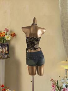 Attitoon Vintage Casual Style Olive Green Camo Allover Print Women's Ruched Tie Front Bandeau Top, Retro Vibe, Vacation Style, Sexy, Cute, Y2K Coconutgirl Boho, Music Festival, Suitable For Summer Girls Trip Back To School
