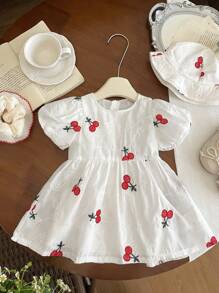 Baby Girls 0-3 Years Old Spring/Summer Cute Playful Daily Outing Cherry Embroidery Puff Sleeve Dress + Hat - White - View 4