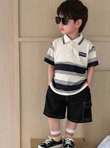 SHEIN 2pcs Set Young Boys Korean Style Sporty College Chic Cute Holiday Casual Versatile Stylish Striped Bear Decor Polo Shirts And Black Shorts - Black - View 1
