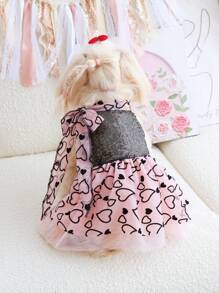 PETSIN 1 pièce Robe élégante de petite amie rose mode, avec cœur noir pailleté, broderie, épissage en mesh floqué noir et nœud papillon, dos nu. Robe de chien mignonne, populaire en Europe et Amérique - Rose bonbon - Voir 2