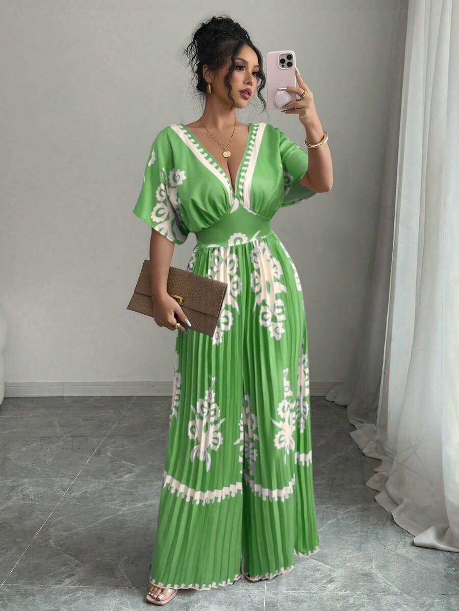 Elenzga 复古印花蝙蝠袖深V领褶皱女式度假连体裤 - 綠色 - 查看 1