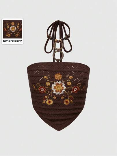 Hippie Top corto halter con decoración de cuentas de madera con estampado floral Y2K