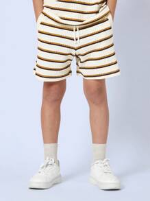 SUMWON Retro Stripe Terry Cloth Polo Short Set Summer Vacation Resort Wear Beach Co-Ord Athletic Tennis Leisure Preppy Outfit - Brown - View 4