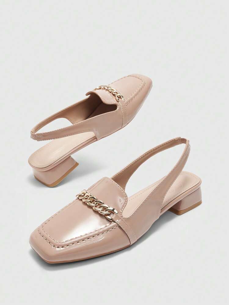 CUCCOO BIZCHIC Khaki Color Chain Strap Low Heel Square Toe Slingback Flats, Fashion Commute, Date, Party, Holiday Wear For Christmas Spring Shoes