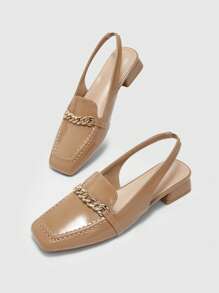 CUCCOO BIZCHIC 女士时尚链条带粗跟方头露跟浅口鞋，适合通勤、约会、派对、节日和度假 - 杏色 - 查看 8