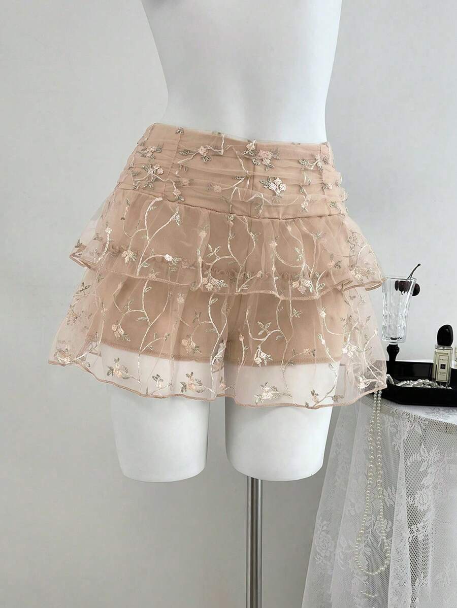 Elamini Women's Summer Mesh Patchwork Floral Embroidered Ruched Ruffle Hem A-Line Skirt - Apricot - View 1