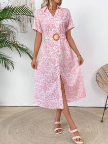 SHEIN LUNE Women's Casual Floral All-Over Print Mid-Length Dress,White And Pink Summer Boho Vacation Holiday Wedding Guest Graduation Dress Concert Outfits - Pink - View 5