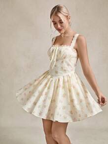 SHEIN LUNE Graduation Dress Drop Waist Dress Birthday Dresses For Women Country Music Festival 60s Retro Bubble Skirt Lace Trim White Mini Dress - Pink - View 5