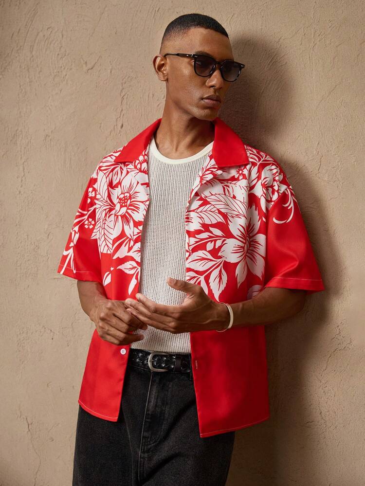 Camisa Masculina Vermelha de Manga Curta com Gola, Estampa Floral, Fit Solto, Uso Casual Diário, Adequada para Ir ao Trabalho, Primavera/Verão, Férias, Festa, Casal, Presente para Namorado, Roupa de Praia, Presente para o Dia dos Pais