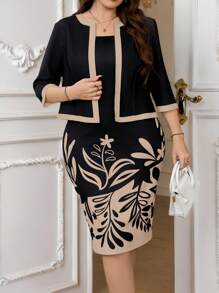 SHEIN Clasi Plus Size Elegant Minimalist Tropical Plant Print Dress And Jacket 2pc Set - Khaki - View 7