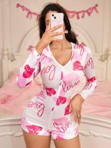 Valentine's Day Heart & English Text Allover Print Jumpsuit For Women - Multicolor - View 4