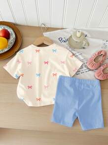 SHEIN Happikins 2pcs/Set Young Girl Casual Minimalist Short Sleeve Shorts Outfit, Suitable For Summer - Multicolor - View 2