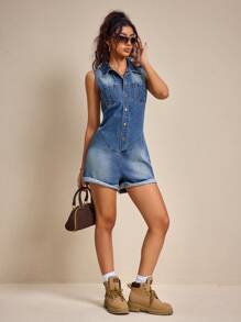 SHEIN EZwear 女式无袖蓝色休闲时尚牛仔连体衣，夏季 - 藍色 - 查看 6