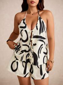 Elaquor 2件套大码女式几何印花露背吊带背心和短裤套装