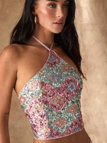 Glamine Sequin Halter Neck Tank Top, Fashionable For Summer - Green - View 1