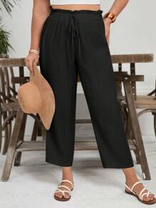 SHEIN VCAY Quần Capri vải lanh cỡ lớn dành cho nữ, Mùa hè, Bãi biển, Phong cách Boho, Bohemian - màu đen - Xem 7